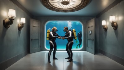 short hair,brown hair,male focus,multiple boys,indoors,2boys,water,bag,bodysuit,muscular,holding hands,facial hair,beard,reflection,underwater,hallway,wetsuit,1girl,multiple girls,blonde hair,1boy,2girls,window,shadow,backpack,mustache,door,bald