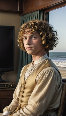 1girl,solo,looking at viewer,short hair,blonde hair,brown hair,shirt,long sleeves,dress,brown eyes,sitting,closed mouth,upper body,frills,day,indoors,black eyes,vest,lips,window,chair,curtains,freckles,curly hair,realistic,nose,monitor,real life insert,afro,1boy,white shirt,male focus,watermark,brown vest,fine art parody