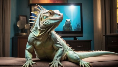 HQ,solo,tail,teeth,indoors,no humans,window,table,sharp teeth,curtains,couch,claws,monster,realistic,lamp,scales,television,alien,painting (object),dinosaur,cactus,kaijuu,looking at viewer,sitting,monitor