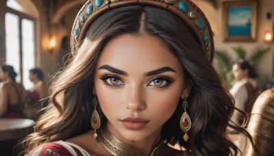 1girl,long hair,looking at viewer,multiple girls,brown hair,black hair,brown eyes,jewelry,closed mouth,earrings,multiple boys,solo focus,choker,indoors,dark skin,necklace,blurry,dark-skinned female,lips,eyelashes,window,makeup,depth of field,blurry background,wavy hair,crown,gem,portrait,close-up,forehead,realistic,nose,solo,2boys,table,thick eyebrows