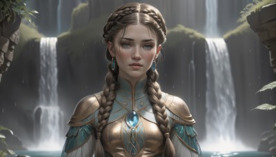 1girl,solo,long hair,breasts,looking at viewer,blue eyes,brown hair,dress,jewelry,closed mouth,upper body,braid,earrings,outdoors,artist name,tears,water,armor,twin braids,lips,wet,leaf,plant,shoulder armor,gem,hair over shoulder,rain,pauldrons,water drop,breastplate,realistic,nose,waterfall,blush,bangs,parted lips,blurry,blurry background,expressionless,forehead,crown braid,gold,blue gemstone