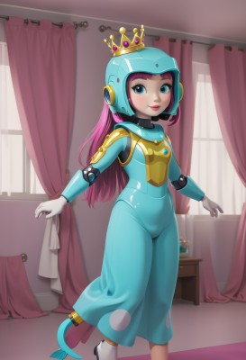 1girl,solo,long hair,breasts,looking at viewer,smile,bangs,blue eyes,gloves,closed mouth,standing,tail,full body,pink hair,purple hair,small breasts,indoors,white gloves,armor,lips,window,bodysuit,standing on one leg,helmet,crown,curtains,skin tight,headset,android,joints,mermaid,vase,blue bodysuit,blush,dress,covered navel,science fiction,shiny clothes,robot joints,spacesuit