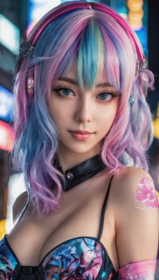 1girl,solo,long hair,breasts,looking at viewer,smile,bangs,blue eyes,large breasts,cleavage,bare shoulders,jewelry,medium breasts,closed mouth,blue hair,swimsuit,upper body,pink hair,bikini,multicolored hair,choker,blurry,two-tone hair,lips,streaked hair,grey eyes,eyelashes,tattoo,makeup,blurry background,headphones,piercing,ear piercing,pink lips,realistic,nose,arm tattoo,underwear,artist name,bra,collar,detached collar,watermark,eyeshadow,mascara