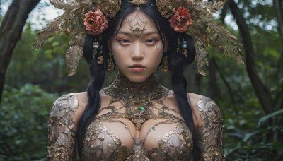 1girl,solo,long hair,breasts,looking at viewer,large breasts,black hair,hair ornament,cleavage,jewelry,medium breasts,closed mouth,upper body,braid,flower,earrings,outdoors,day,hair flower,necklace,armor,blurry,black eyes,twin braids,tree,lips,grey eyes,eyelashes,tattoo,makeup,depth of field,blurry background,rose,facial mark,expressionless,gem,nature,pink flower,forest,freckles,realistic,nose,straight-on,twintails,parted lips,hair bun,feathers,forehead mark