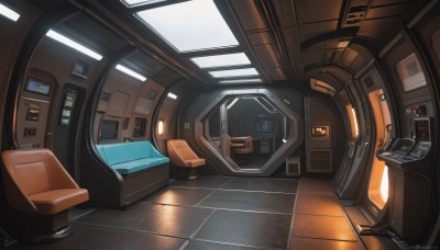 artist name,indoors,no humans,window,watermark,chair,ground vehicle,scenery,reflection,science fiction,door,tiles,cable,tile floor,washing machine,seat,robot,realistic,light,monitor,cockpit,screen