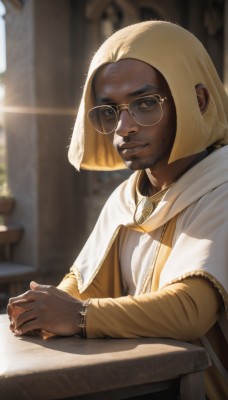 solo,looking at viewer,smile,blonde hair,long sleeves,1boy,jewelry,sitting,upper body,male focus,parted lips,glasses,indoors,dark skin,necklace,blurry,lips,capelet,blurry background,facial hair,chair,table,sunlight,dark-skinned male,own hands together,beard,robe,realistic,nose,round eyewear,white capelet,very dark skin,short hair,blue eyes,closed mouth,thick eyebrows,watch,wristwatch,yellow-framed eyewear