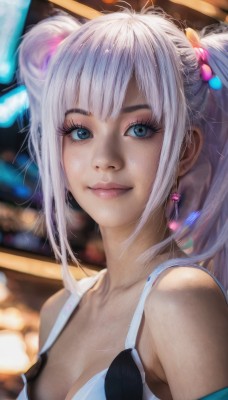 1girl,solo,long hair,breasts,looking at viewer,smile,bangs,blue eyes,hair ornament,cleavage,bare shoulders,twintails,jewelry,medium breasts,closed mouth,underwear,collarbone,upper body,white hair,sidelocks,earrings,off shoulder,bra,blurry,lips,eyelashes,makeup,blurry background,white bra,realistic,nose,grey hair,small breasts,sleeveless,artist name,depth of field,tank top,light smile,close-up,freckles,pink lips,glint,bokeh,mascara