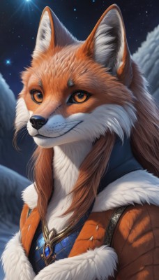 solo,long hair,looking at viewer,smile,1boy,animal ears,brown eyes,jewelry,upper body,male focus,outdoors,sky,artist name,signature,orange eyes,fur trim,fox ears,no humans,night,animal,scar,moon,gem,star (sky),night sky,furry,starry sky,freckles,mountain,furry female,furry male,body fur,white fur,animal nose,fox,snout,brown fur,orange fur,necklace,orange hair,blurry,watermark,portrait,web address