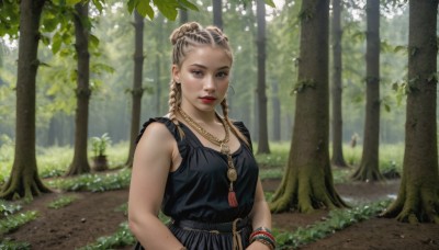 1girl,solo,long hair,breasts,looking at viewer,blue eyes,blonde hair,dress,jewelry,upper body,braid,grey hair,earrings,outdoors,sleeveless,day,necklace,hair bun,blurry,black dress,twin braids,bracelet,tree,lips,makeup,nature,forest,realistic,red lips,brown hair,artist name,mole,sleeveless dress,single hair bun,mole under mouth,bangle,gold chain