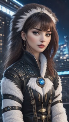 1girl,solo,long hair,breasts,looking at viewer,bangs,brown hair,long sleeves,brown eyes,jewelry,closed mouth,upper body,hairband,earrings,outdoors,sky,belt,blurry,black eyes,lips,coat,fur trim,makeup,night,blurry background,lipstick,brooch,building,gem,night sky,buckle,eyeshadow,freckles,hoop earrings,city,realistic,nose,red lips,leather,fur coat,black hair,small breasts,parted lips,eyelashes,fur,city lights