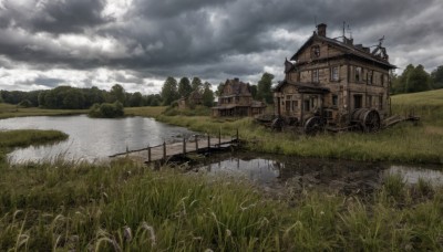 outdoors,sky,day,cloud,water,tree,no humans,window,cloudy sky,grass,building,nature,scenery,forest,watercraft,field,house,bridge,river,landscape,windmill,reflection,fence,lake,path,chimney