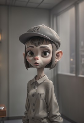 1girl,solo,looking at viewer,short hair,bangs,brown hair,shirt,black hair,long sleeves,hat,brown eyes,upper body,parted lips,teeth,collared shirt,indoors,blurry,lips,window,buttons,depth of field,blurry background,grey shirt,pocket,female child,breast pocket,grey headwear,pointy ears,uniform,black eyes,bob cut,thick eyebrows,nose