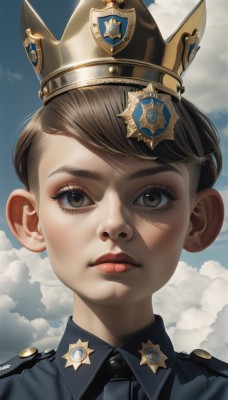 1girl,solo,looking at viewer,short hair,bangs,brown hair,shirt,hat,brown eyes,jewelry,closed mouth,earrings,outdoors,necktie,sky,day,collared shirt,cloud,mole,uniform,blue sky,lips,military,eyelashes,mole under eye,military uniform,makeup,cloudy sky,crown,portrait,epaulettes,nose,red lips,stud earrings,hair behind ear,thick eyebrows,gem,badge,military jacket,medal