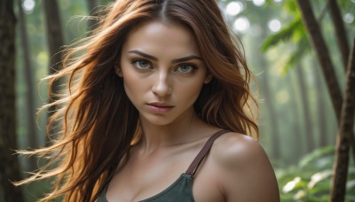 1girl,solo,long hair,breasts,looking at viewer,smile,brown hair,cleavage,bare shoulders,medium breasts,green eyes,collarbone,upper body,multicolored hair,outdoors,parted lips,blurry,tree,lips,grey eyes,eyelashes,depth of field,blurry background,tank top,portrait,nature,forest,realistic,nose,brown eyes,underwear,day,bra,floating hair,sunlight,wind,freckles,dappled sunlight,bokeh,green bra