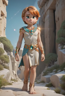 1girl,solo,breasts,looking at viewer,smile,short hair,bangs,blue eyes,blonde hair,brown hair,hair ornament,dress,jewelry,closed mouth,standing,full body,earrings,small breasts,outdoors,sky,barefoot,sleeveless,day,hairclip,white dress,orange hair,armor,flat chest,bracelet,feet,aqua eyes,toes,sandals,child,pelvic curtain,freckles,walking,anklet,arms at sides,female child,bracer,ruins,egyptian clothes,hairband,necklace,cape,lips,loli,aged down,rock,vambraces,stone,dirty feet