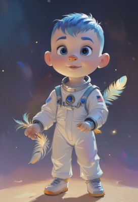 solo,looking at viewer,smile,short hair,open mouth,blue eyes,long sleeves,1boy,blue hair,standing,full body,male focus,parted lips,shoes,shadow,feathers,child,male child,very short hair,spacesuit,astronaut,blush,holding,sneakers,personification,fireworks,american flag