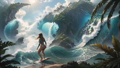 1girl,solo,long hair,brown hair,standing,swimsuit,ass,bikini,outdoors,sky,barefoot,day,cloud,water,from behind,tree,bird,ocean,beach,sunlight,cloudy sky,plant,scenery,blue bikini,innertube,rock,sand,palm tree,sun,facing away,waves,seagull,surfboard,whale,blonde hair,blue sky,floating hair,animal,leaf,wind,wide shot,waterfall,bodypaint