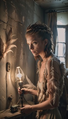 1girl,solo,breasts,looking at viewer,short hair,brown hair,black hair,dress,holding,bare shoulders,brown eyes,jewelry,earrings,indoors,from side,lips,window,tattoo,sunlight,feathers,curtains,microphone,realistic,nose,camera,cable,curly hair,lamp