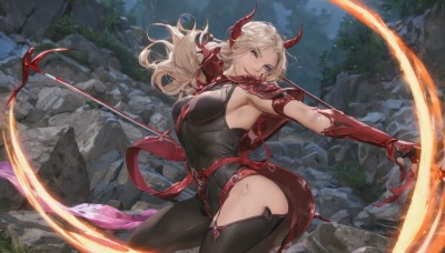 1girl,solo,long hair,breasts,looking at viewer,bangs,blue eyes,blonde hair,large breasts,thighhighs,gloves,holding,medium breasts,weapon,outdoors,parted lips,horns,pointy ears,armpits,holding weapon,armor,leotard,lips,bodysuit,night,fire,shoulder armor,gauntlets,nature,black leotard,forest,pauldrons,bow (weapon),rock,arrow (projectile),magic,holding bow (weapon),smile,closed mouth,white hair,thighs,black thighhighs,fingerless gloves,fingernails,demon horns,red gloves,red cape,scythe,red horns,slashing