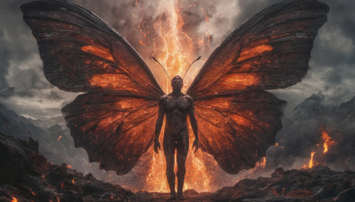 solo, 1boy, standing, male focus, nude, outdoors, wings, sky, cloud, completely nude, muscular, cloudy sky, bug, fire, lightning, butterfly wings, spread wings