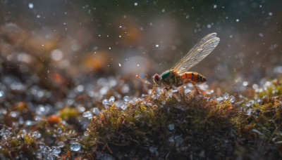 outdoors, blurry, pokemon (creature), no humans, night, depth of field, blurry background, bug, realistic, bokeh