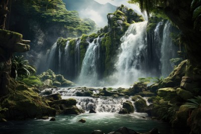 PREMIUM,outdoors,sky,day,cloud,water,tree,no humans,sunlight,nature,scenery,forest,rock,mountain,river,waterfall,landscape,cliff,moss,plant