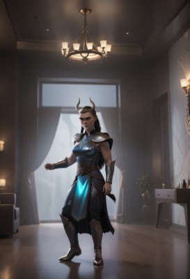 1girl,solo,long hair,breasts,looking at viewer,brown hair,black hair,dress,medium breasts,closed mouth,standing,full body,boots,horns,pants,artist name,indoors,dark skin,armor,dark-skinned female,window,blue dress,table,plant,curtains,shoulder armor,clenched hand,pelvic curtain,reflection,pauldrons,candle,fake horns,reflective floor,black pants,gauntlets,breastplate,potted plant,armored boots,vase