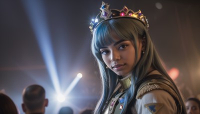 1girl,long hair,looking at viewer,smile,bangs,brown hair,black hair,brown eyes,jewelry,closed mouth,blue hair,upper body,earrings,multiple boys,solo focus,dark skin,blunt bangs,blurry,uniform,lips,military,military uniform,blurry background,tiara,crown,gem,epaulettes,realistic,nose,light,crowd,portrait