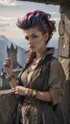 1girl,solo,breasts,looking at viewer,short hair,blue eyes,shirt,black hair,cleavage,jewelry,medium breasts,standing,collarbone,white shirt,upper body,purple hair,multicolored hair,earrings,outdoors,parted lips,sky,day,belt,cloud,signature,necklace,vest,bracelet,two-tone hair,lips,streaked hair,coat,fingernails,grey eyes,eyelashes,makeup,piercing,ring,ear piercing,mountain,realistic,nose,fantasy,stud earrings,castle,nail polish,scenery,leather,landscape