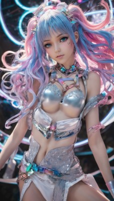 1girl,solo,long hair,breasts,looking at viewer,bangs,blue eyes,hair ornament,navel,cleavage,bare shoulders,twintails,jewelry,medium breasts,underwear,blue hair,panties,pink hair,multicolored hair,cowboy shot,parted lips,belt,bra,mole,two-tone hair,aqua eyes,lips,see-through,gradient hair,makeup,underboob,halo,lingerie,lipstick,realistic,closed mouth,standing,purple hair,sidelocks,sleeveless,choker,midriff,shiny,artist name,signature,stomach,white panties,blurry,streaked hair,clothing cutout,eyelashes,floating hair,watermark,wavy hair,facial mark,gem,revealing clothes,breasts apart,web address,buckle,pink lips,nose,arms at sides,mascara