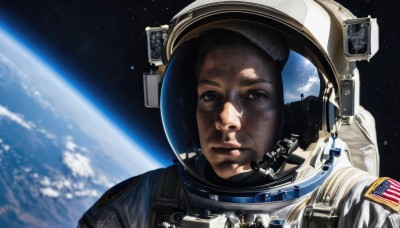 solo,looking at viewer,1boy,closed mouth,upper body,male focus,black eyes,helmet,portrait,star (sky),reflection,science fiction,realistic,space,planet,earth (planet),american flag,spacesuit,japanese flag,united states,astronaut,black hair,spacecraft,space helmet,american flag print