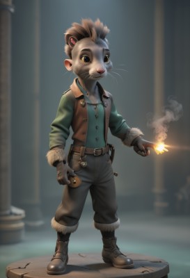 solo,brown hair,shirt,gloves,1boy,animal ears,standing,full body,male focus,boots,belt,pants,blurry,vest,fur trim,mask,blurry background,brown footwear,fire,furry,brown gloves,smoke,furry male,mouse,brown vest,whiskers,brown eyes,jacket,artist name,fingerless gloves,pouch,mouse ears,pillar,brown fur,mohawk,column