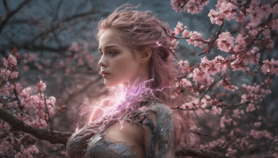 1girl, solo, long hair, breasts, medium breasts, upper body, pink hair, flower, blurry, from side, tree, lips, profile, blurry background, cherry blossoms, realistic, nose, branch, electricity