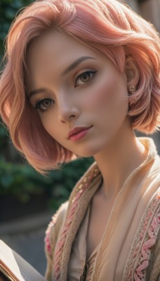 1girl,solo,looking at viewer,smile,short hair,brown hair,holding,brown eyes,jewelry,closed mouth,upper body,pink hair,earrings,artist name,necklace,blurry,lips,head tilt,book,eyelashes,makeup,depth of field,blurry background,portrait,holding book,open book,realistic,nose,outdoors,day,watermark,light smile,web address,reading