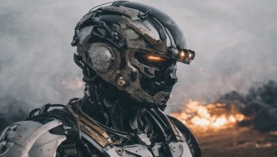 solo,1boy,upper body,male focus,armor,blurry,from side,military,no humans,blurry background,glowing,helmet,fire,robot,portrait,mecha,glowing eyes,smoke,science fiction,realistic,looking ahead,power armor,sky,cloud,orange eyes,close-up