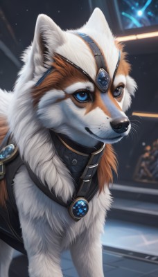 solo,looking at viewer,blue eyes,jewelry,closed mouth,indoors,blurry,no humans,blurry background,animal,brooch,gem,dog,animal focus,white fur,blue gemstone,red gemstone,clothed animal,artist name,armor,collar,wolf