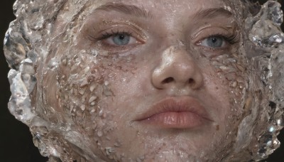 1girl,solo,looking at viewer,blue eyes,blonde hair,simple background,closed mouth,water,lips,eyelashes,black background,portrait,close-up,freckles,reflection,realistic,nose,scales,grey eyes,water drop