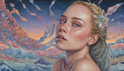 1girl,solo,long hair,looking at viewer,blue eyes,blonde hair,hair ornament,jewelry,earrings,outdoors,parted lips,sky,teeth,cloud,mole,lips,mole under eye,traditional media,portrait,scenery,freckles,fish,mountain,realistic,fantasy,painting (medium),surreal,mole on cheek,bare shoulders,flower,hair flower,grey eyes,makeup,nose,red lips