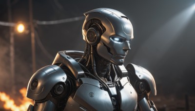 solo,blue eyes,1boy,upper body,male focus,no humans,blurry background,glowing,helmet,robot,mecha,science fiction,light,power armor,lights,humanoid robot,blurry,from side,profile,looking down,fire,portrait,glowing eyes,light rays,android,white eyes,looking ahead,embers