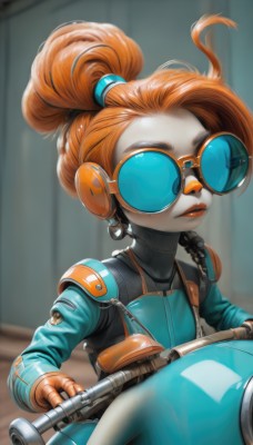 1girl,solo,gloves,ponytail,parted lips,orange hair,blurry,lips,bodysuit,blurry background,headphones,goggles,ground vehicle,motor vehicle,round eyewear,tinted eyewear,motorcycle,orange gloves,updo,orange-tinted eyewear,long hair,upper body,glasses,makeup,sunglasses,robot,lipstick,blue-tinted eyewear