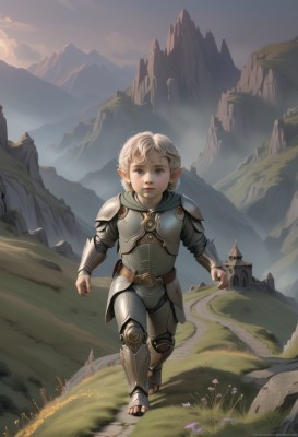 solo,looking at viewer,short hair,blue eyes,blonde hair,1boy,standing,full body,flower,white hair,male focus,outdoors,sky,pointy ears,artist name,signature,armor,lips,grass,elf,shoulder armor,child,walking,running,breastplate,mountain,fantasy,male child,boots,cloud,sandals,castle