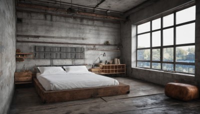 day,indoors,tree,pillow,no humans,window,bed,on bed,chair,table,sunlight,curtains,scenery,couch,wooden floor,blanket,lamp,bedroom,hospital bed,book,desk,tiles,wall,tile floor,drawer,cabinet