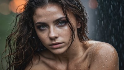 1girl,solo,long hair,looking at viewer,brown hair,black hair,closed mouth,green eyes,collarbone,nude,parted lips,blurry,lips,wet,blurry background,messy hair,portrait,close-up,freckles,rain,realistic,nose,wet hair,bare shoulders,upper body,eyelashes,water drop