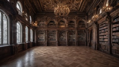 day,indoors,book,no humans,window,sunlight,scenery,reflection,light rays,wooden floor,stairs,door,bookshelf,light,candle,architecture,sunbeam,tile floor,pillar,library,ceiling,hallway,arch,ceiling light,reflective floor,chandelier,chair,table,carpet,candlestand,vanishing point