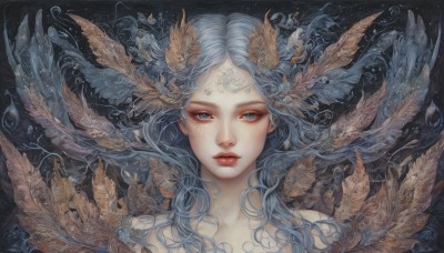 1girl,solo,long hair,looking at viewer,blue eyes,hair ornament,closed mouth,blue hair,upper body,grey hair,wings,lips,grey eyes,eyelashes,floating hair,wavy hair,facial mark,feathers,head wings,portrait,freckles,realistic,red lips,bare shoulders,water,makeup