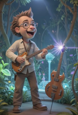 solo,smile,open mouth,brown hair,shirt,1boy,brown eyes,standing,full body,flower,male focus,outdoors,shoes,glasses,teeth,pants,tree,leaf,brown footwear,plant,instrument,child,nature,furry,forest,music,guitar,furry male,male child,brown pants,mushroom,playing instrument,holding instrument,buck teeth,looking at viewer,long sleeves,holding,white shirt,:d,artist name,vest,night,watermark,sunlight,grass,spiked hair,pocket,brown jacket,light rays,light,breast pocket,electric guitar,spotlight,stage lights,plectrum