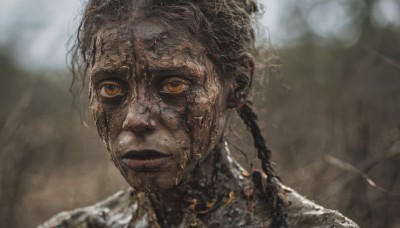 solo,looking at viewer,brown hair,1boy,brown eyes,closed mouth,yellow eyes,braid,male focus,outdoors,parted lips,dark skin,mole,blurry,lips,orange eyes,blurry background,portrait,realistic,dirty,1girl,black hair