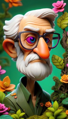 solo,looking at viewer,blue eyes,1boy,jewelry,upper body,flower,white hair,male focus,earrings,glasses,blurry,uniform,military,military uniform,rose,facial hair,plant,beard,pink flower,green background,black-framed eyewear,mustache,old,old man,shirt,purple eyes,jacket,teeth,collared shirt,artist name,tree,depth of field,blurry background,leaf,portrait,green jacket,green shirt,pink rose