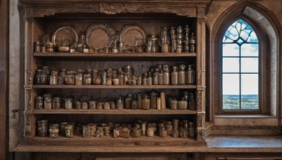 sky,day,cloud,indoors,blue sky,no humans,window,traditional media,bottle,scenery,wooden floor,shelf,jar,water,tree,fantasy