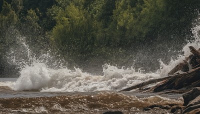 outdoors,sky,water,tree,no humans,ocean,nature,scenery,rock,aircraft,military vehicle,airplane,watercraft,splashing,vehicle focus,waves,military,forest,ship,world war ii,warship